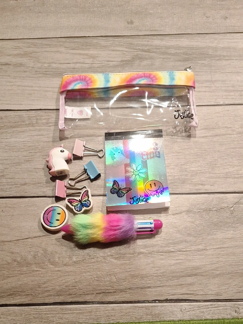 🍋‍🟩Justice Rainbow Tie-Dye Clear Pencil Pouch with Pastel Accessories